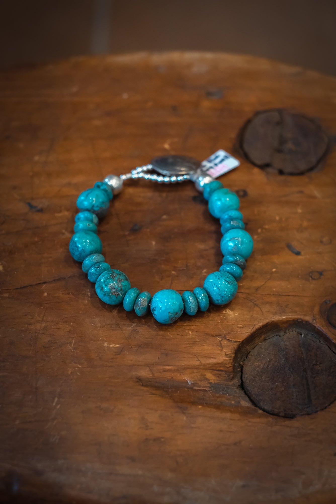 8 1/8" Buffalo Nickel/SS Blue Gumball Turq Rondelle Bracelet #2514 Pat Seeds