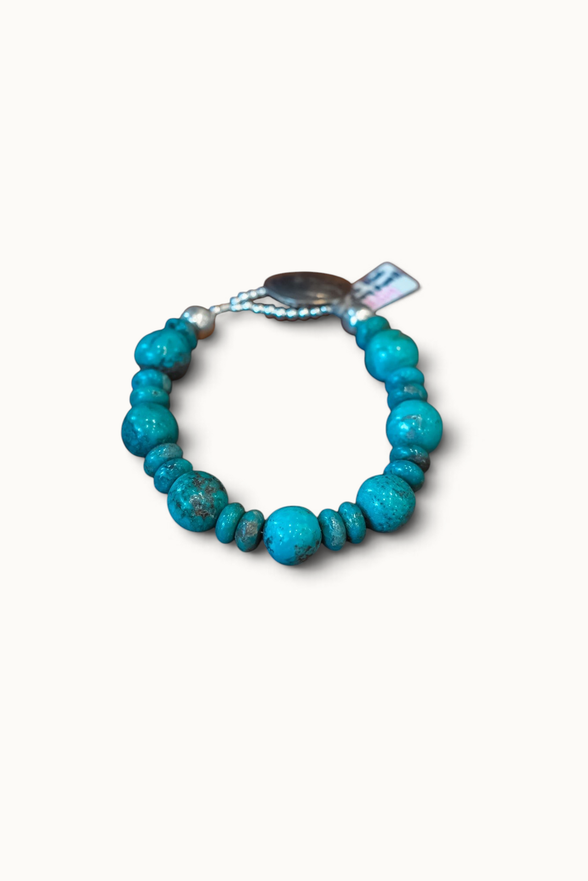 8 1/8" Buffalo Nickel/SS Blue Gumball Turq Rondelle Bracelet #2514 Pat Seeds