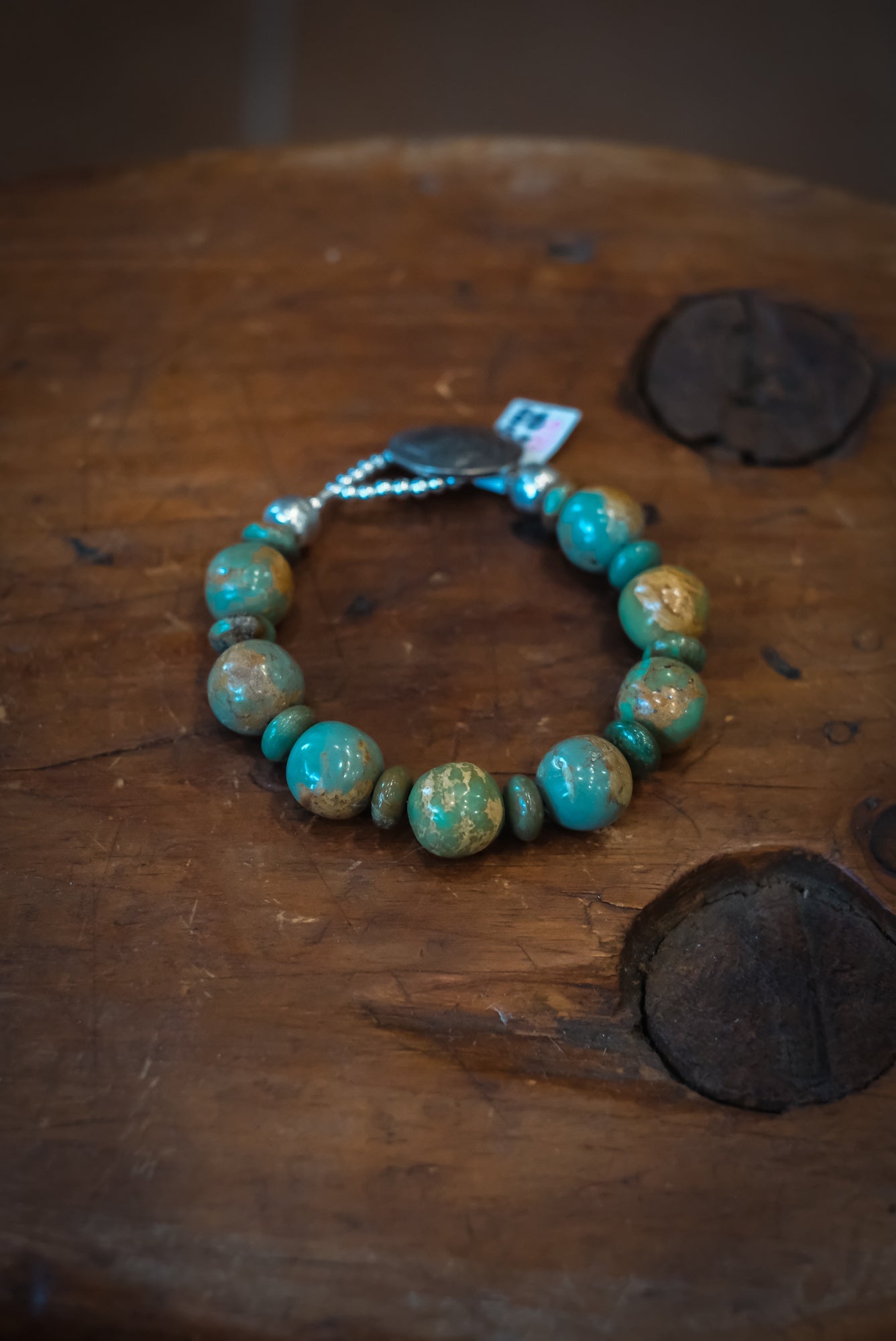 7 7/8" Buffalo Nickel/SS Green Gumball Turq Rondelle Bracelet #2516 Pat Seeds