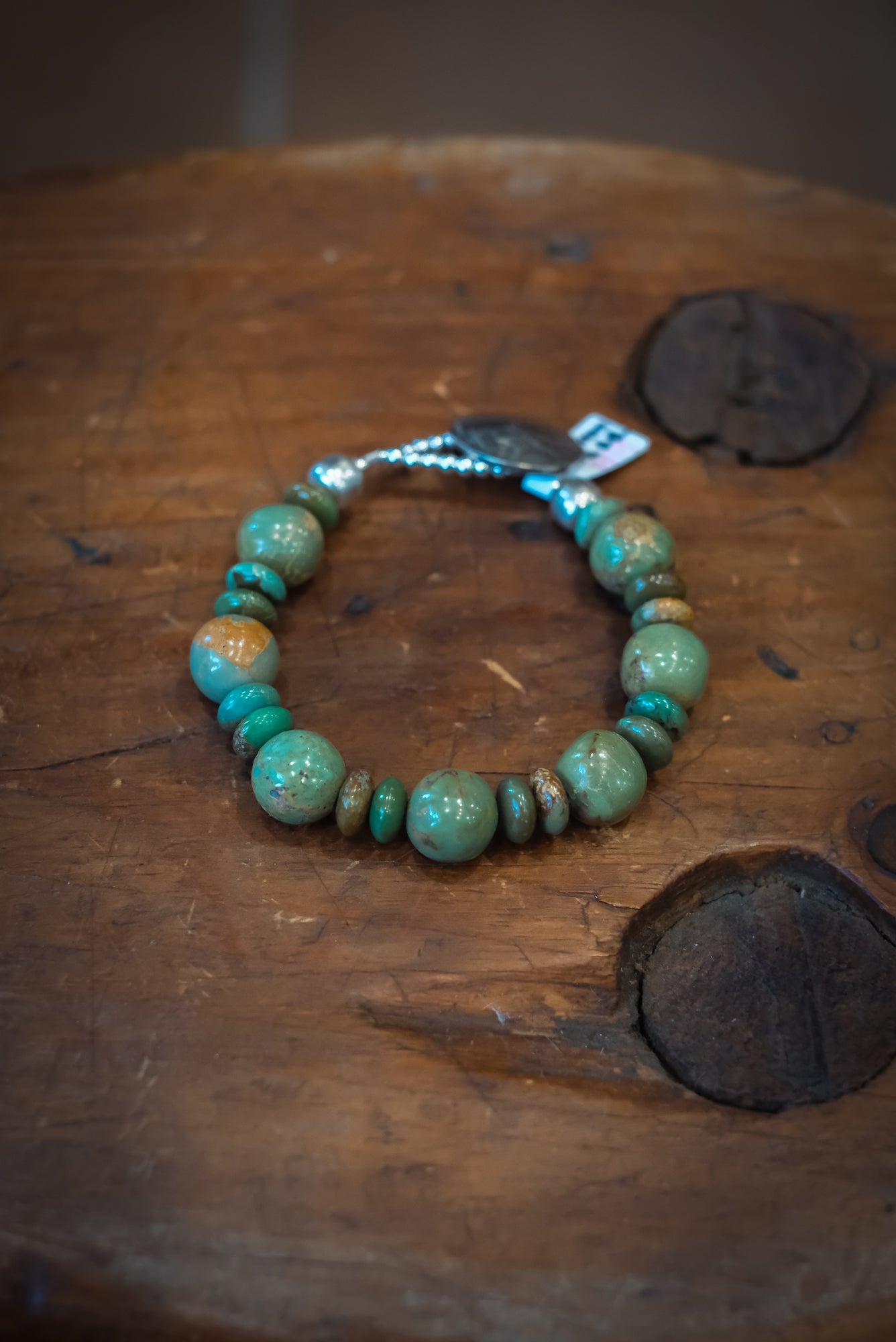 8 1/8" Buffalo Nickel/SS Green Gumball Turq Rondelle Bracelet #2517 Pat Seeds