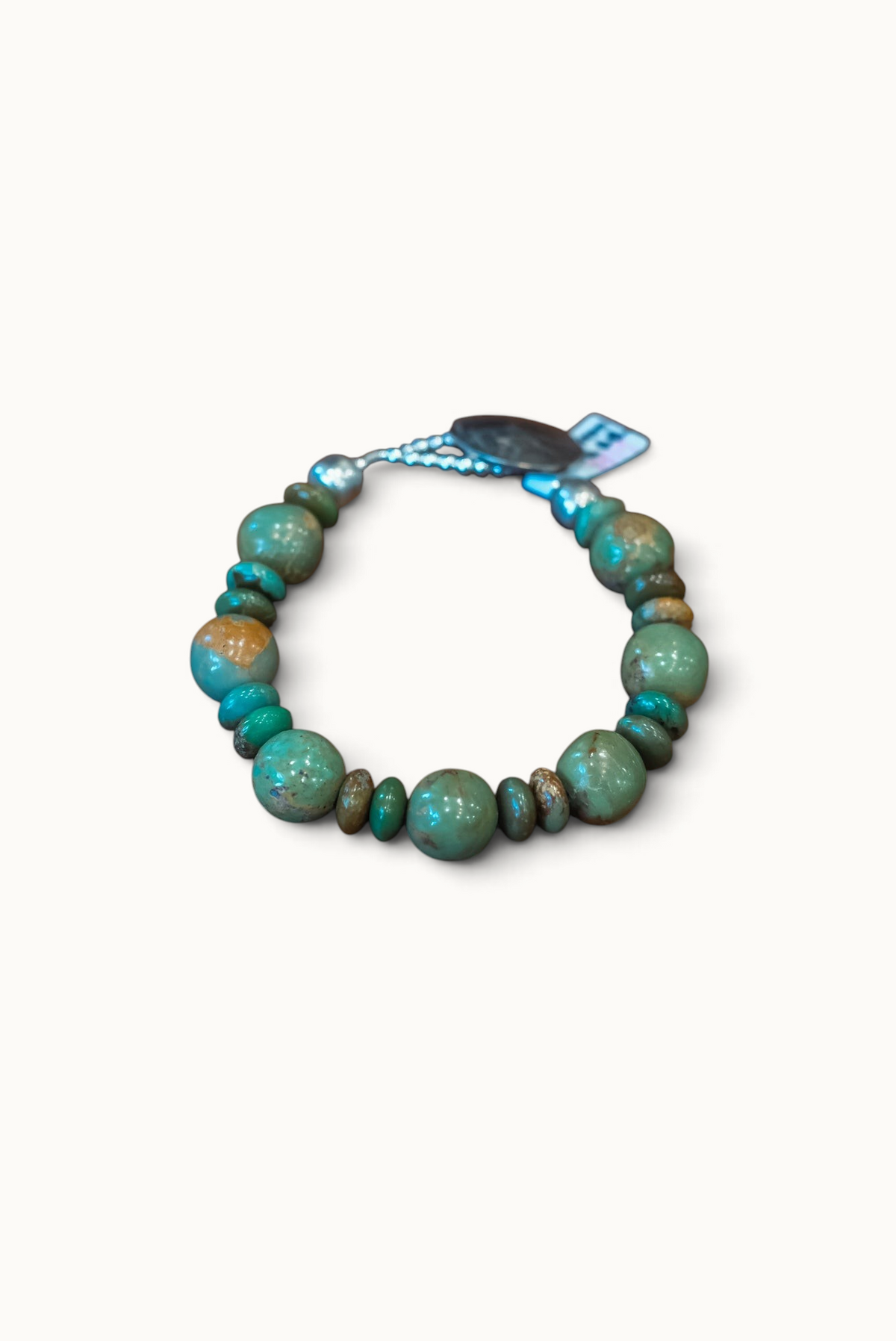 8 1/8" Buffalo Nickel/SS Green Gumball Turq Rondelle Bracelet #2517 Pat Seeds