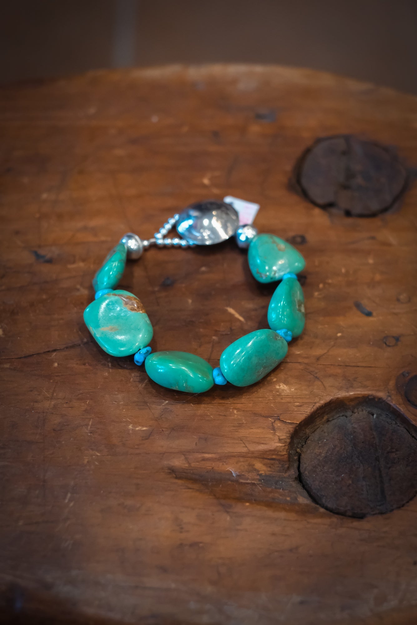 7 1/4" Buffalo Nickel/SS Green Turq Nuggets w/Blue Turq Bracelet #2519 Pat Seeds