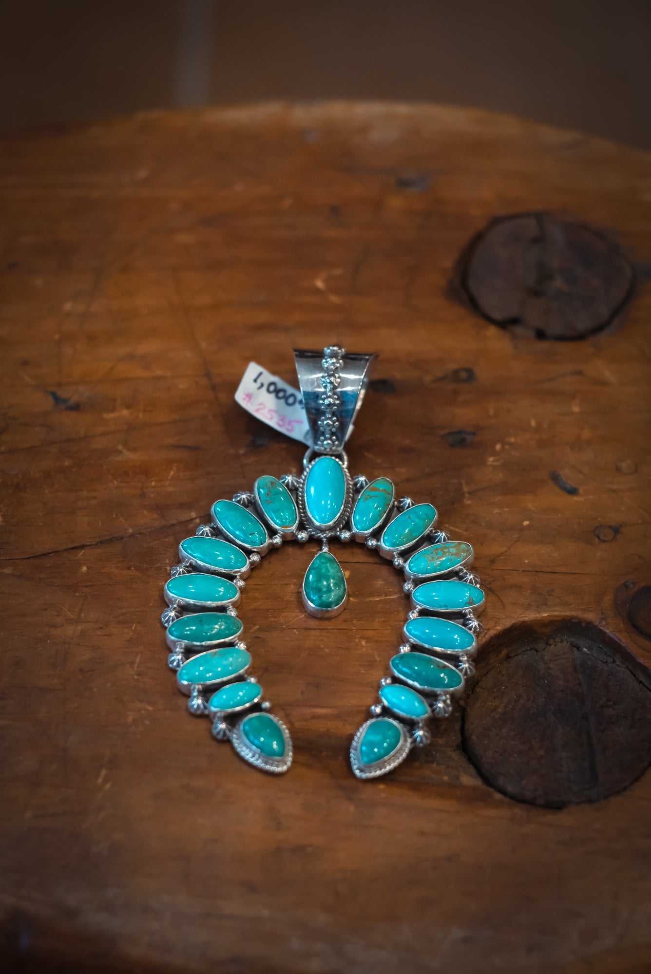 SS Kingman Naja Turquoise Pendant by E. Wylie-Navajo #2535 Pat Seeds