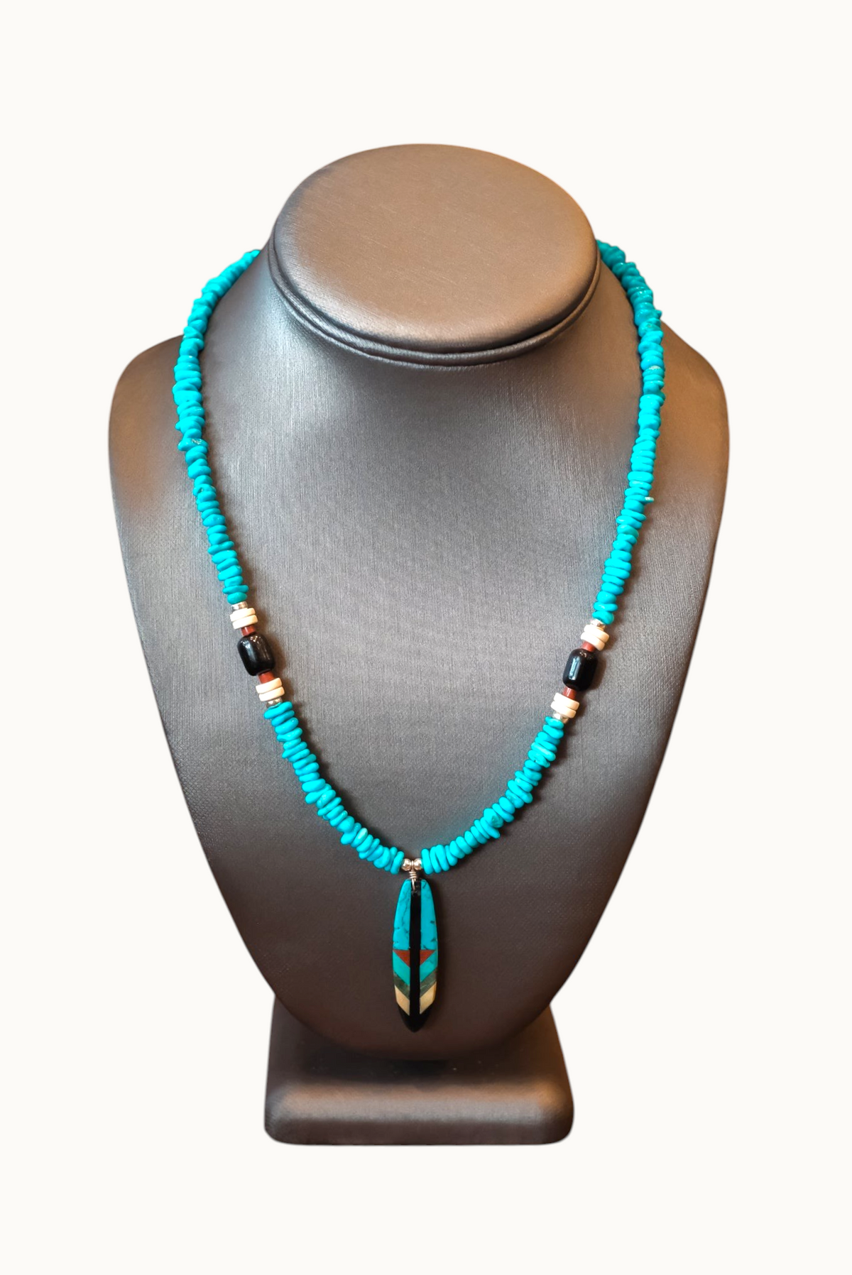 19 1/2" SS Sleeping Beauty Turq, Jade, Pipestone, Ivorite & Rudy Coriz Pendant Necklace #2548 Pat Seeds