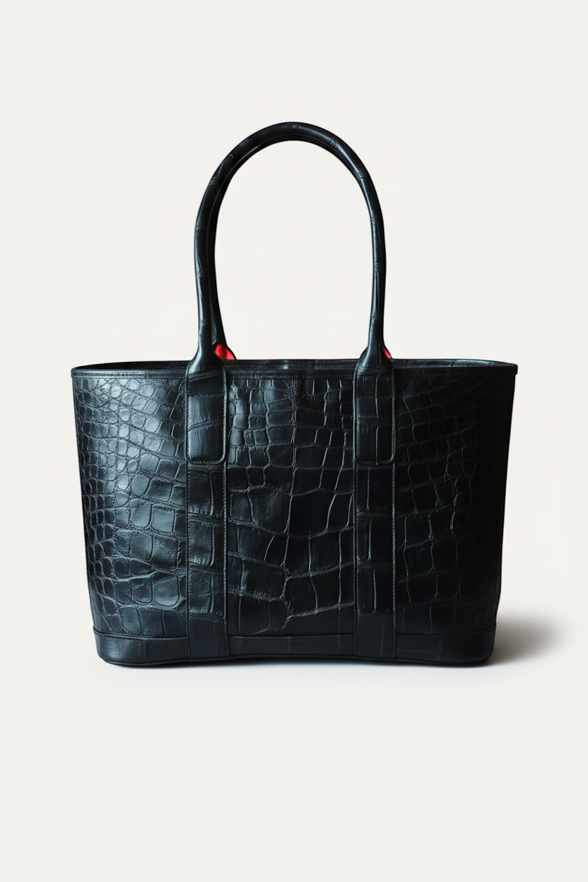 Wilkinson's Fine Goods black American alligator leather tote bag with rolled handles and brass hardware.