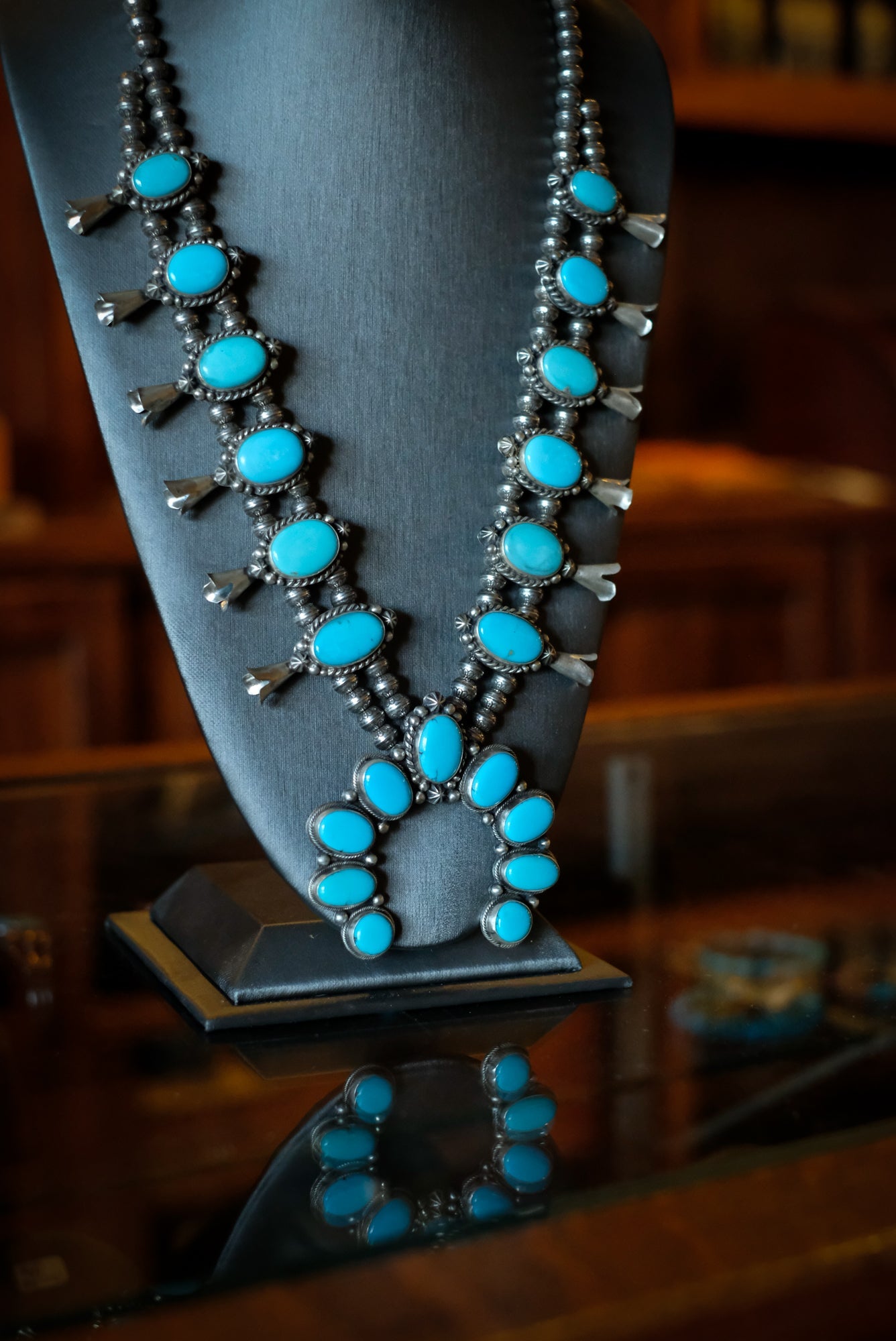 Kingman Turquoise Squash Blossom Necklace | Bob Becenti (Navajo) #2531 Pat Seeds