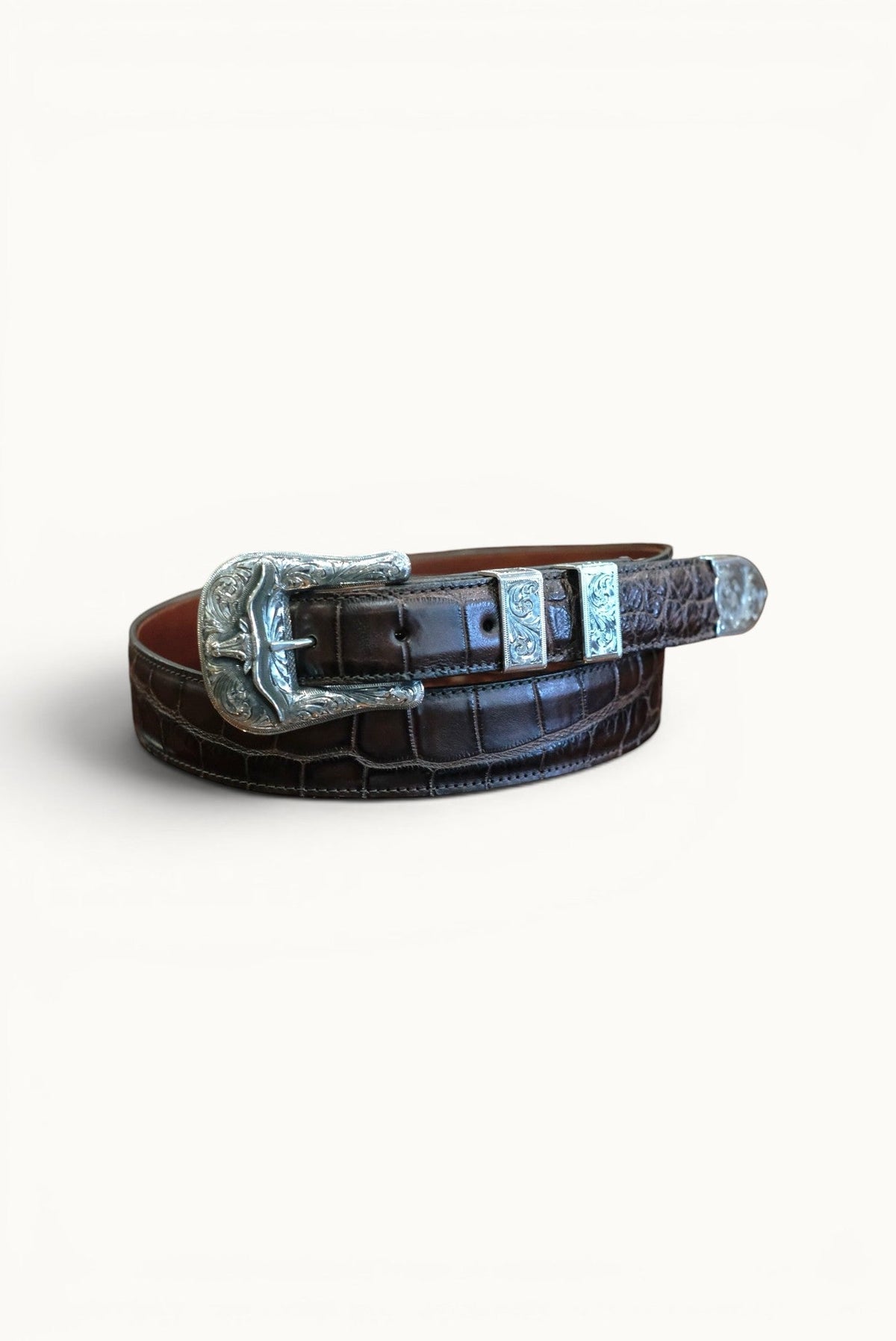alligator leather belt with silver western style buckle and closings. Cigar Brown Caiman Hornback  main image 2