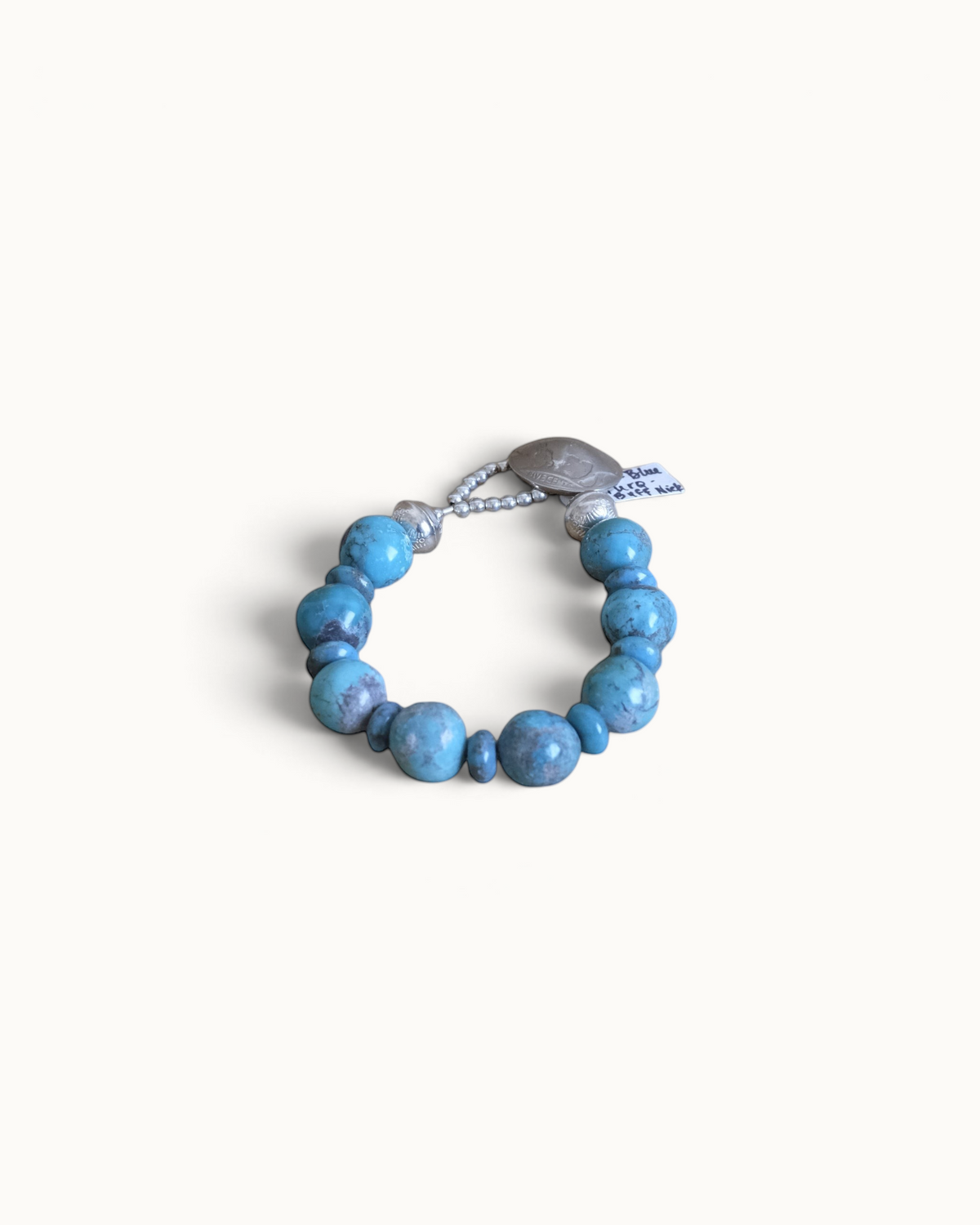 7 1/2" SS Blue Gum Ball Turq/Rondelles & Buffalo Nickel Bracelet #2613 Pat Seeds
