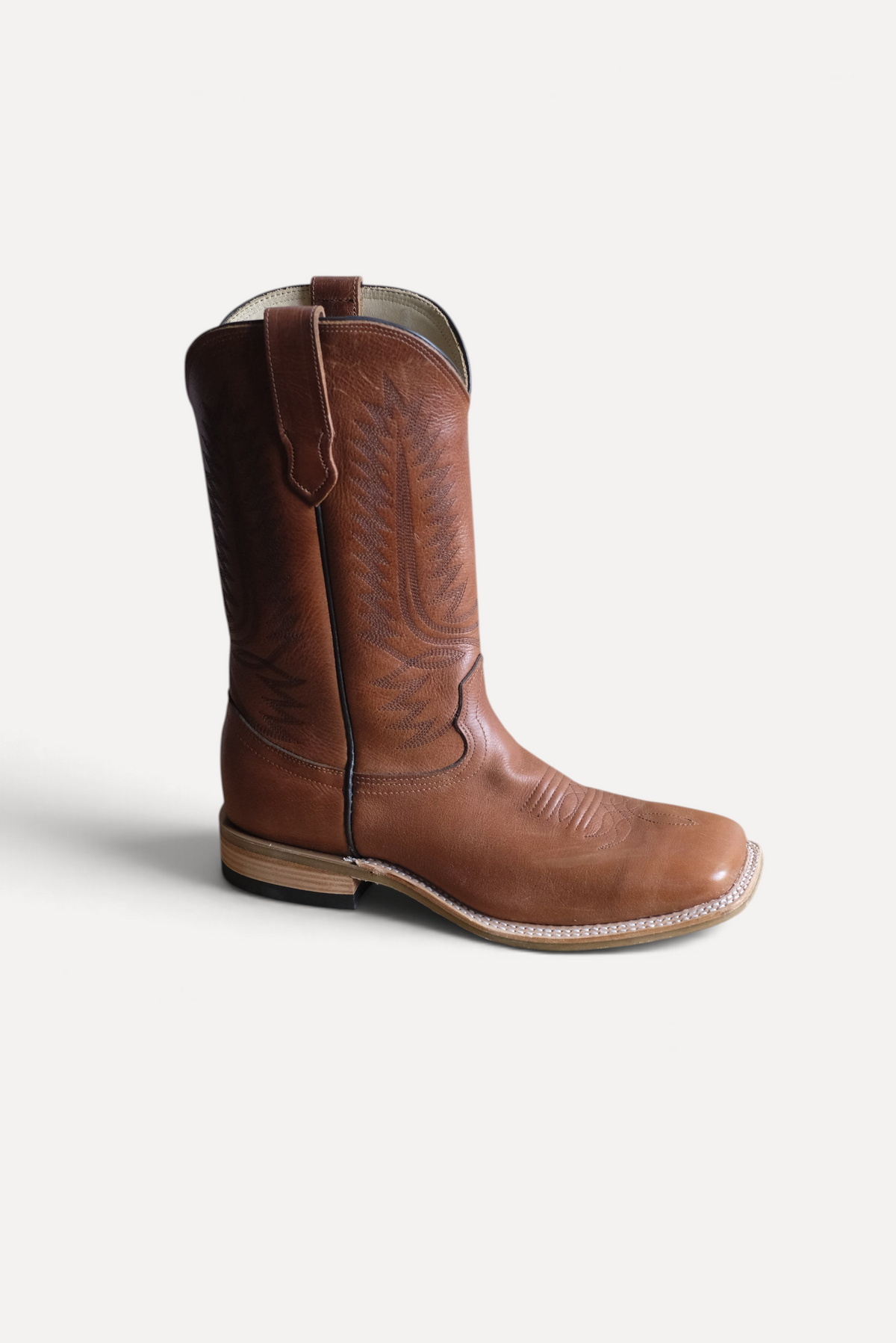 Cognac OPU square toe cowboy boot, side view
