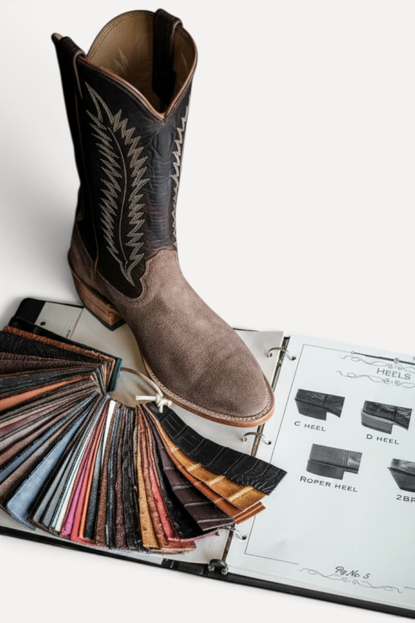 Wilkinson's Fine Goods custom Fenoglio cowboy boot with leather swatches and heel style guide for bespoke design