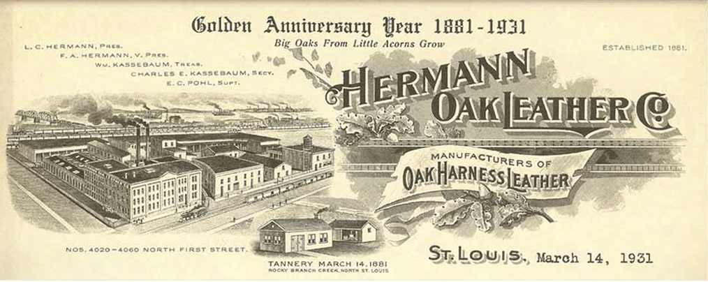 Hermann Oak Leather Co. golden anniversary letterhead, 1881 to 1931, showing the original St. Louis tannery