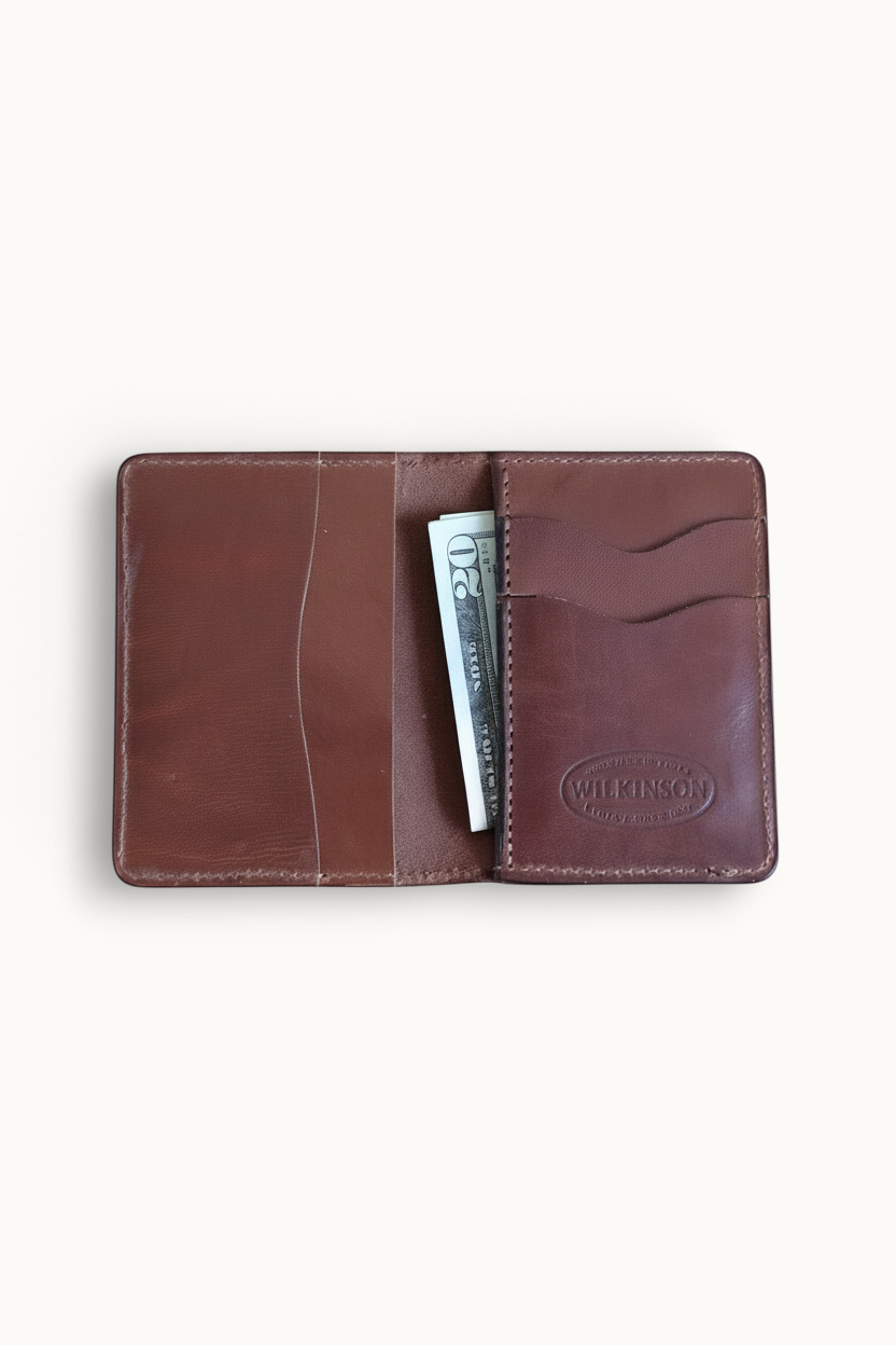 Wilkinson's Fine Goods Trinity wallet in brown full-grain American leather with card slots and cash pocket