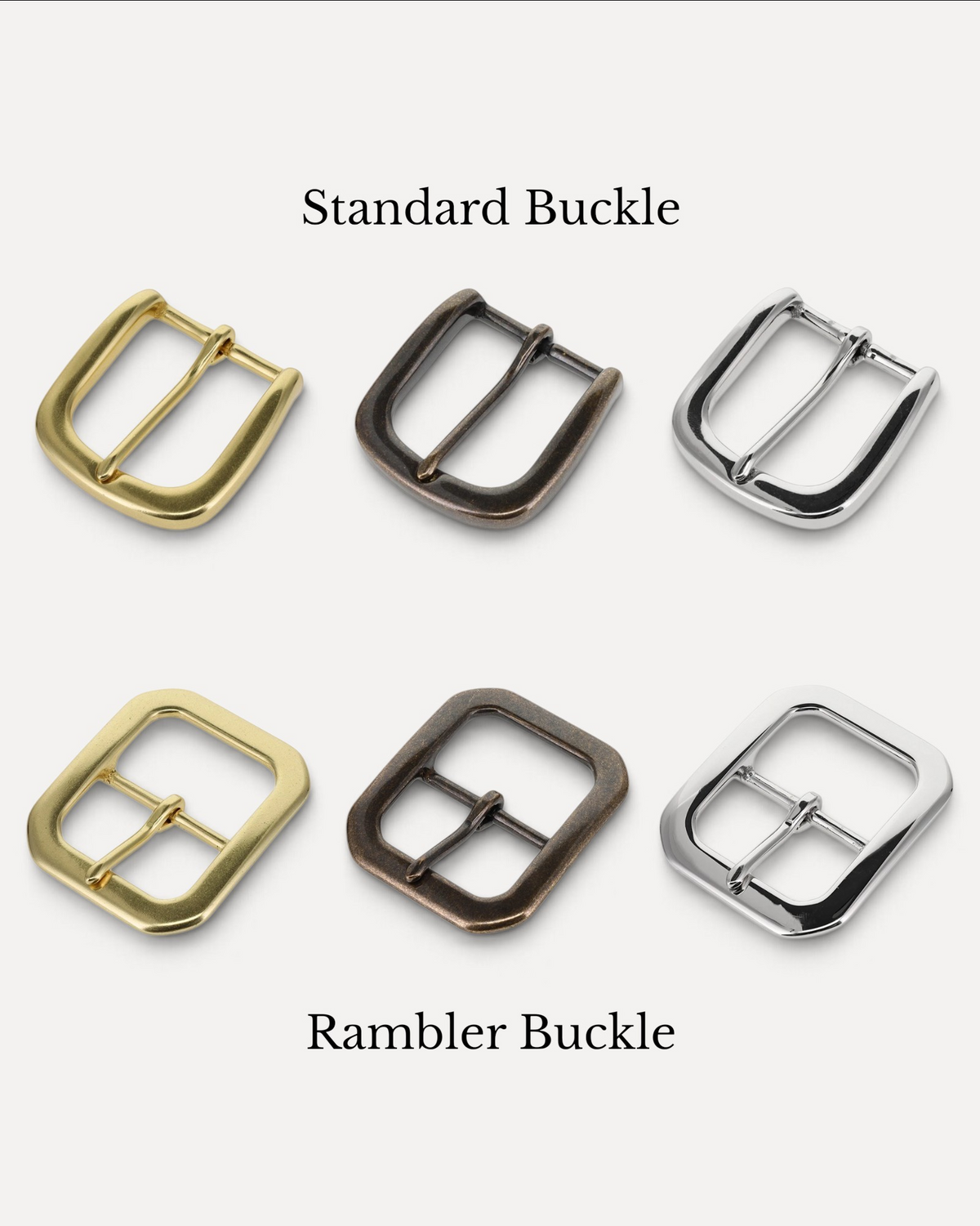 Wilkinson's Fine Goods belt buckle options including standard and rambler styles in brass, bronze, and silver finishes.