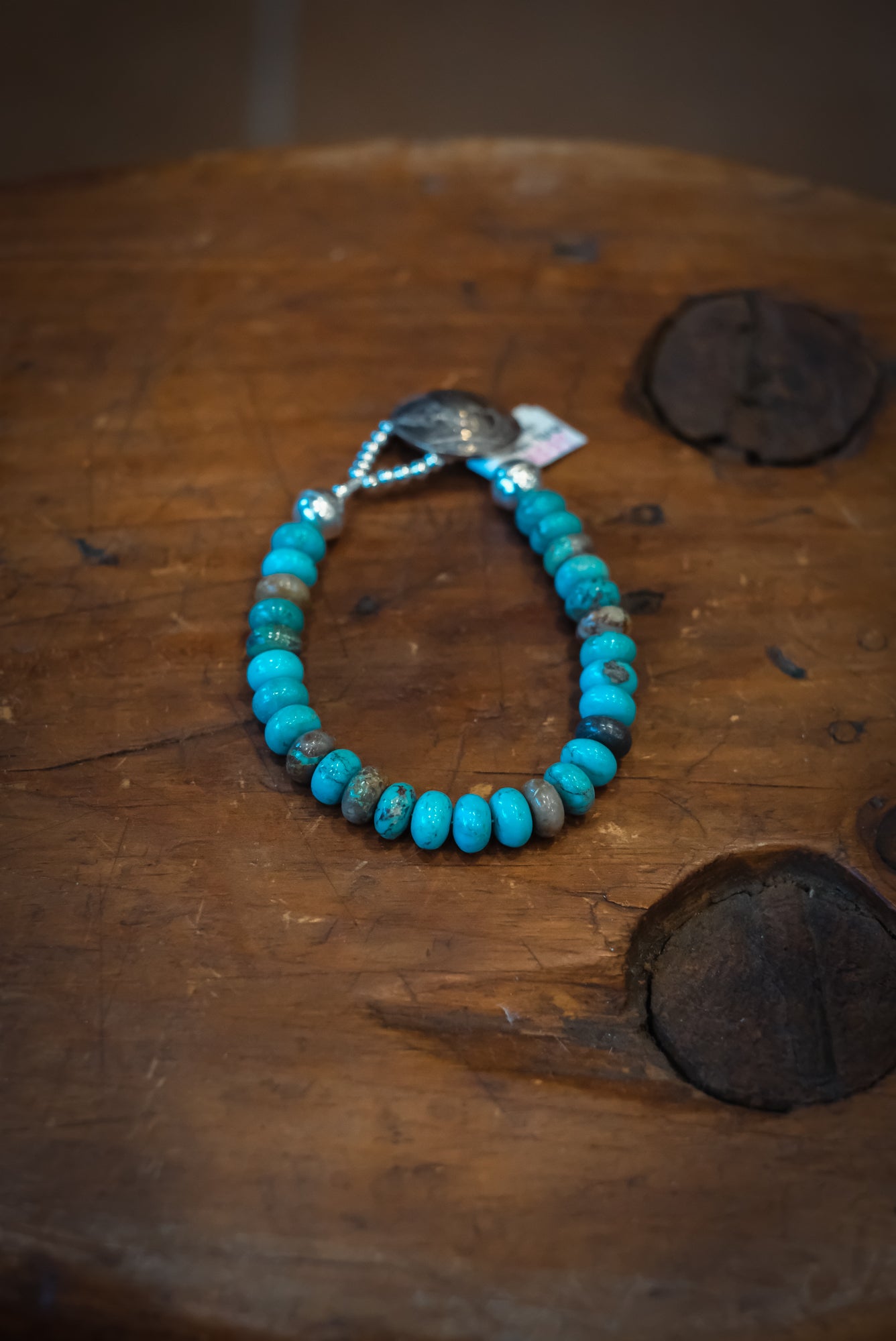 7 1/2" Buffalo Nickel/SS Nevada Blue 6cm & #8 Rondelle Bracelet #2507