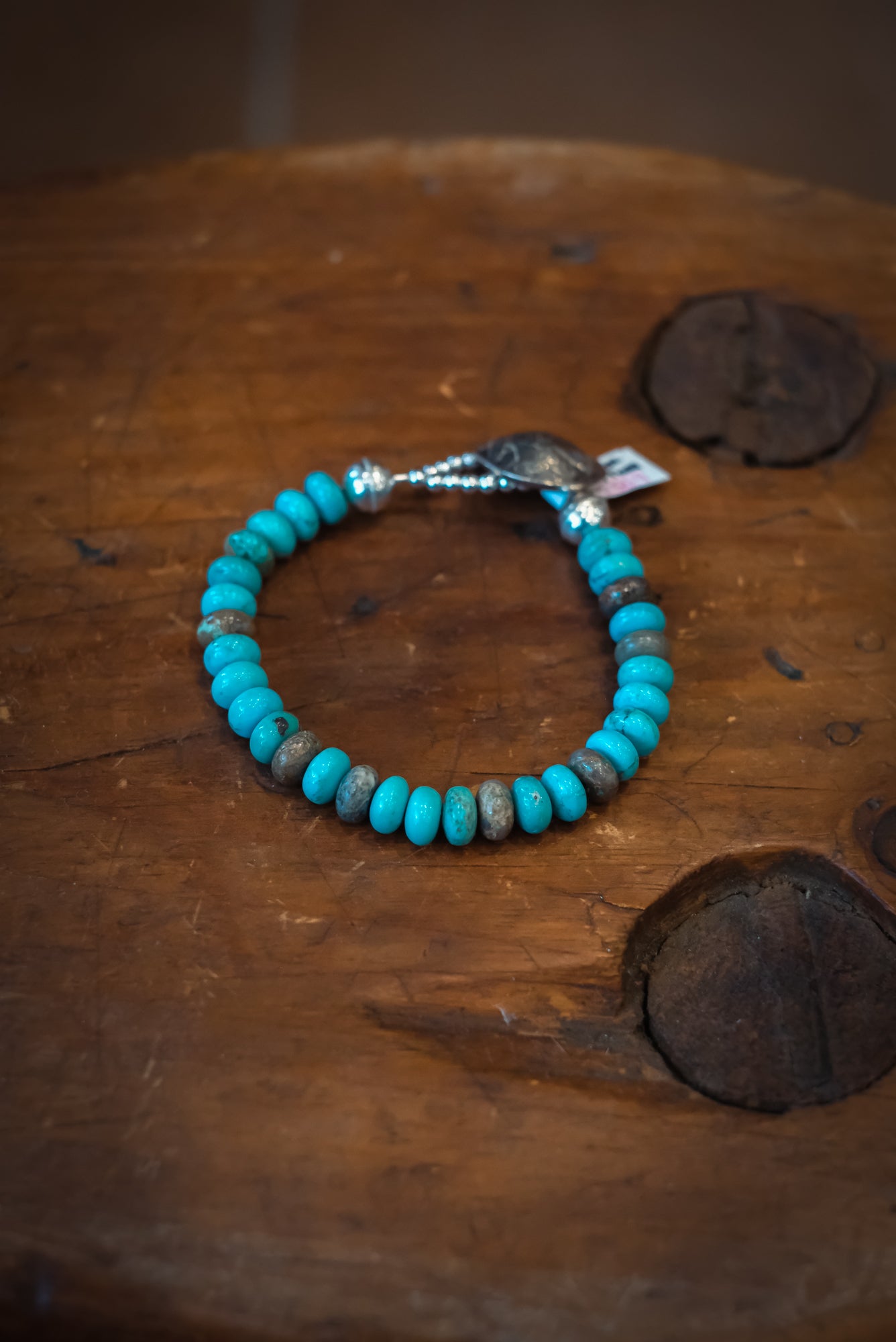 8" Buffalo Nickel/SS Nevada Blue 6cm & #8 Rondelle Bracelet #2509