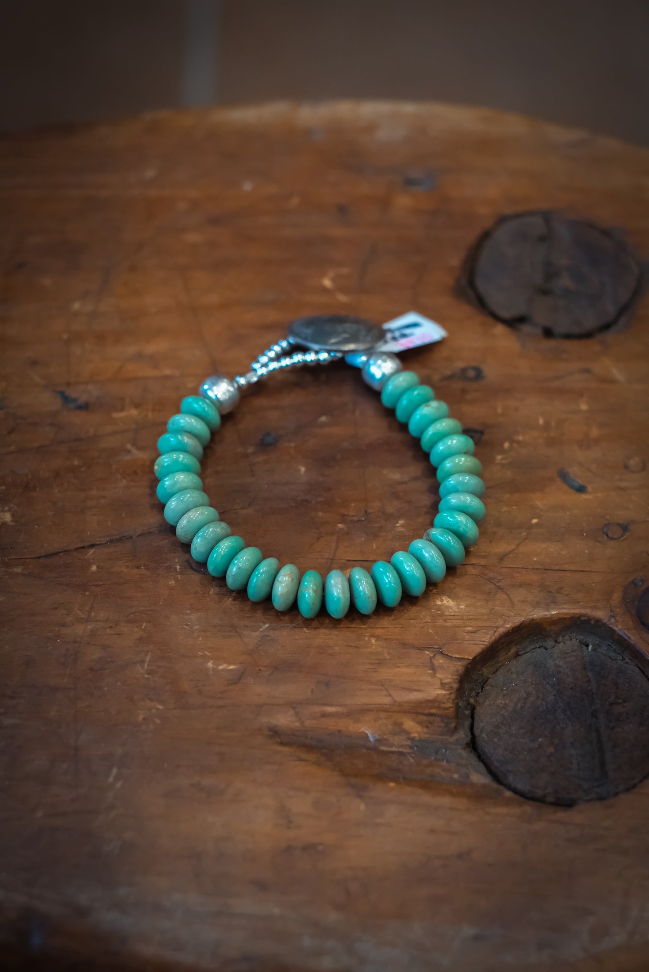 7 1/2" Buffalo Nickel/SS Green Turq Rondelle Bracelet #2510