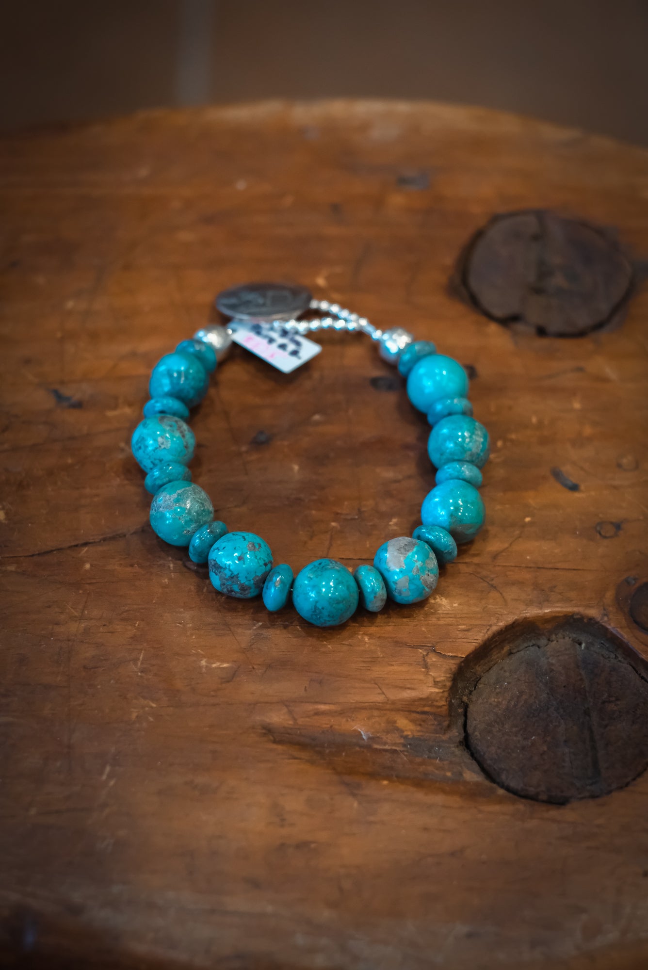 8 3/8" Buffalo Nickel/SS Blue Gumball Turq Rondelle Bracelet #2515