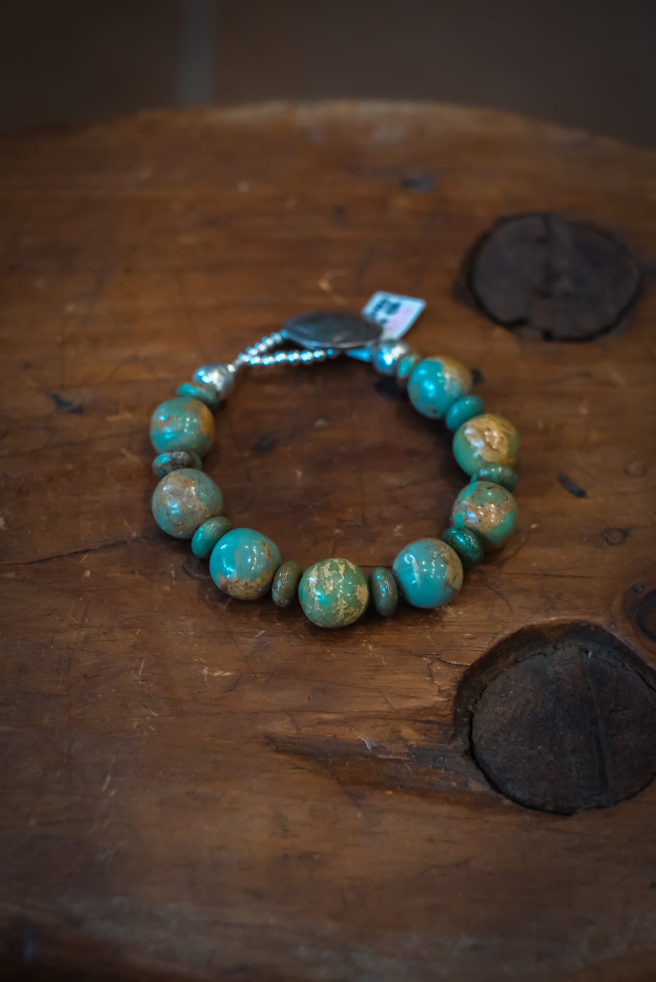 7 7/8" Buffalo Nickel/SS Green Gumball Turq Rondelle Bracelet #2516