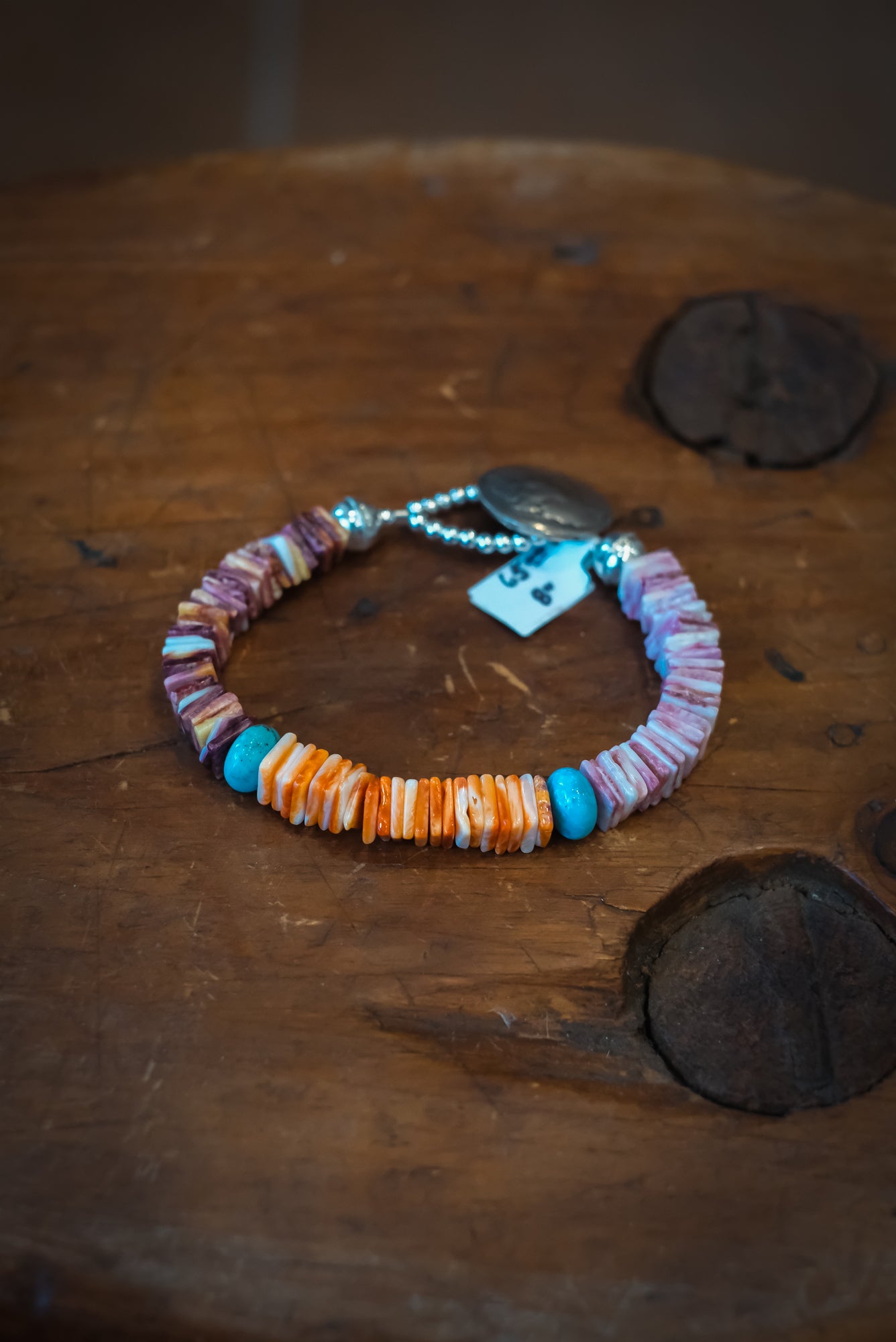 8" Buffalo Nickel/SS RARE Square Orange/Purple/Lavender Spiny & Turq Bracelet #2530