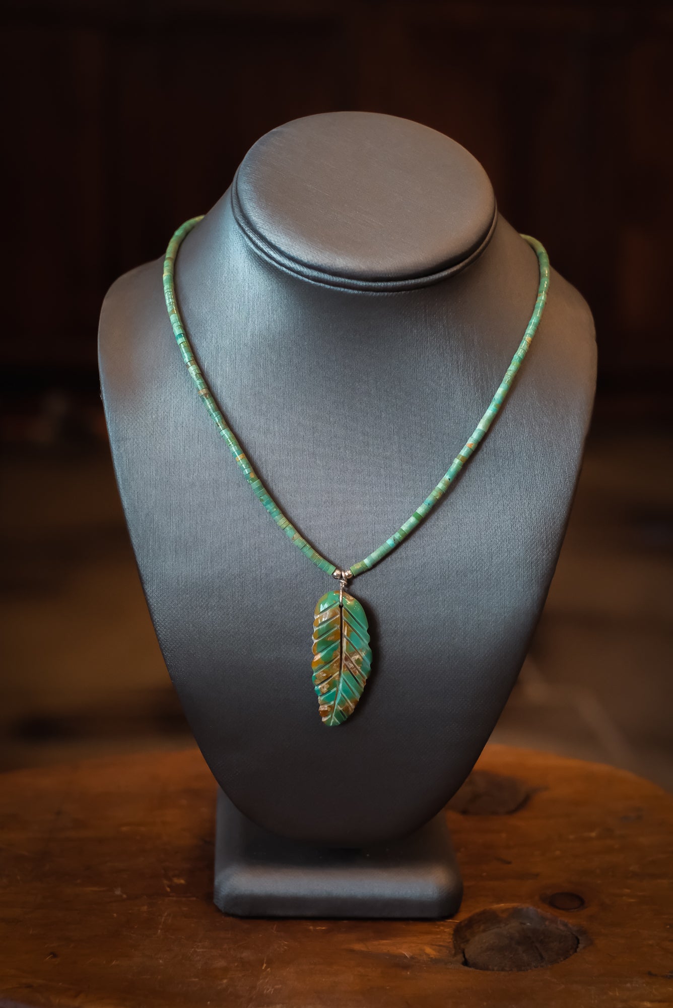 17 3/4" SS Crescent Valley Heishi & Handcarved Turq. Pendant Necklace #2539