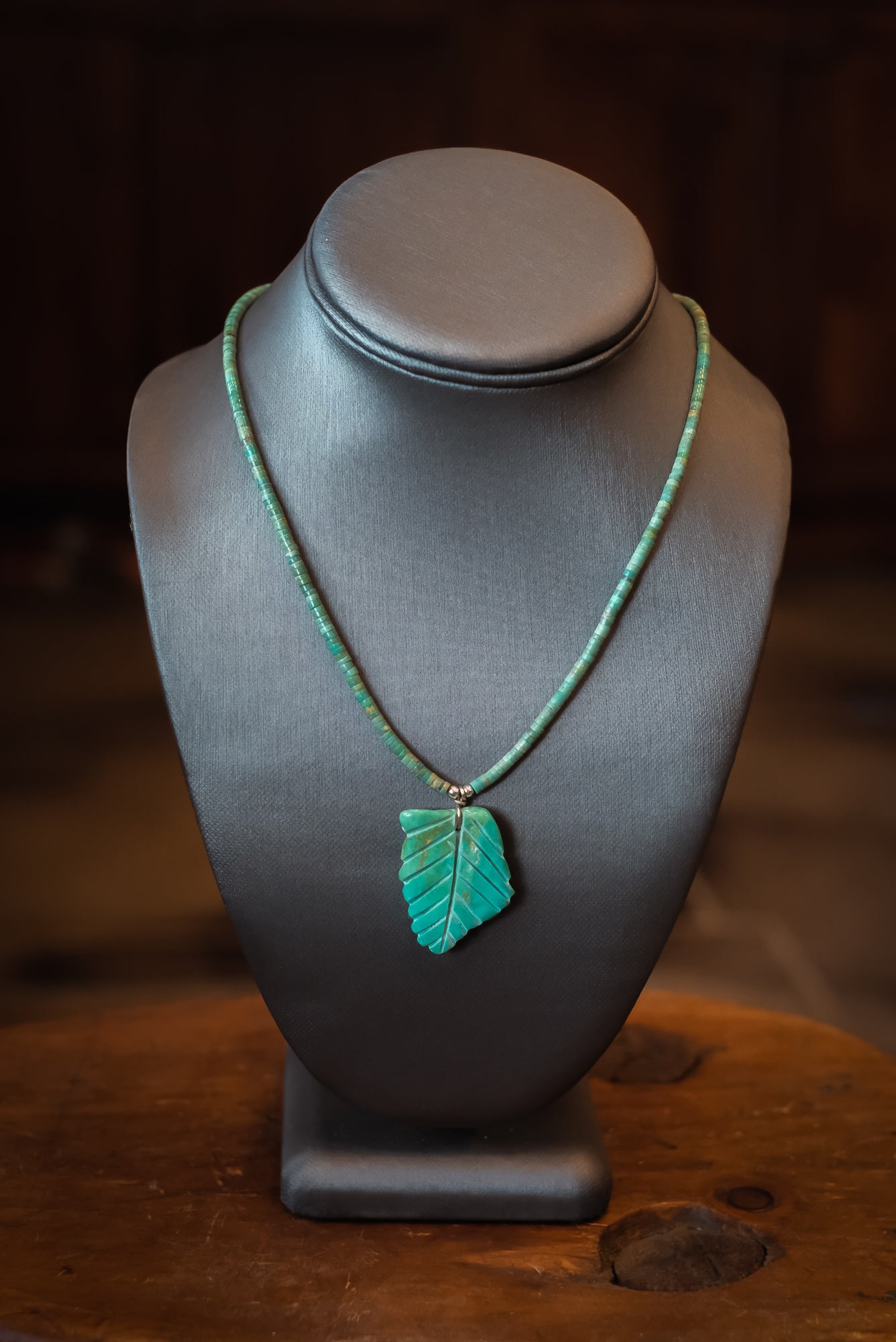 18 5/8" SS Crescent Valley Heishi & Handcarved Turq. Pendant Necklace #2540