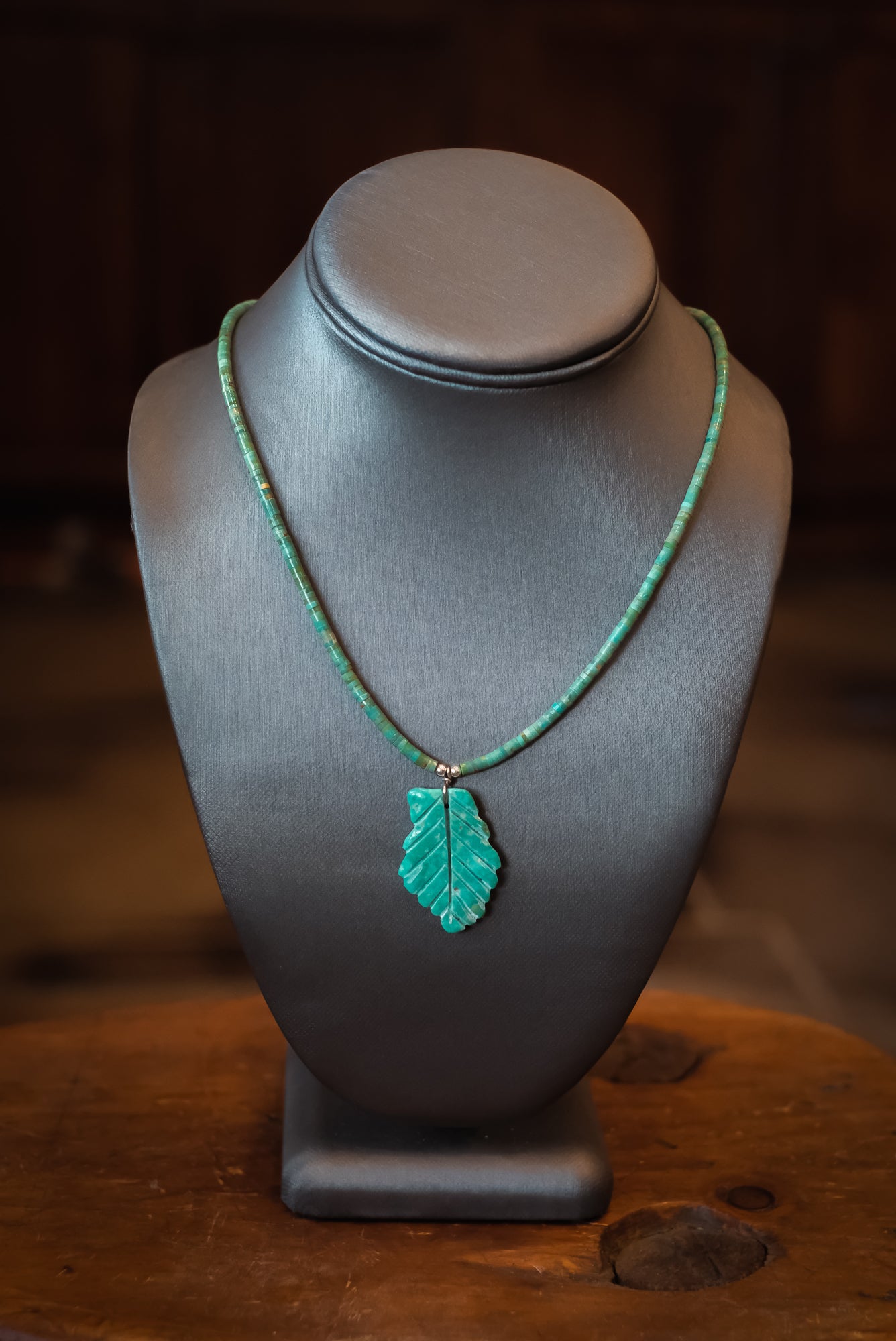 20 1/4" SS Crescent Valley Heishi & Handcarved Turq. Pendant Necklace #2541