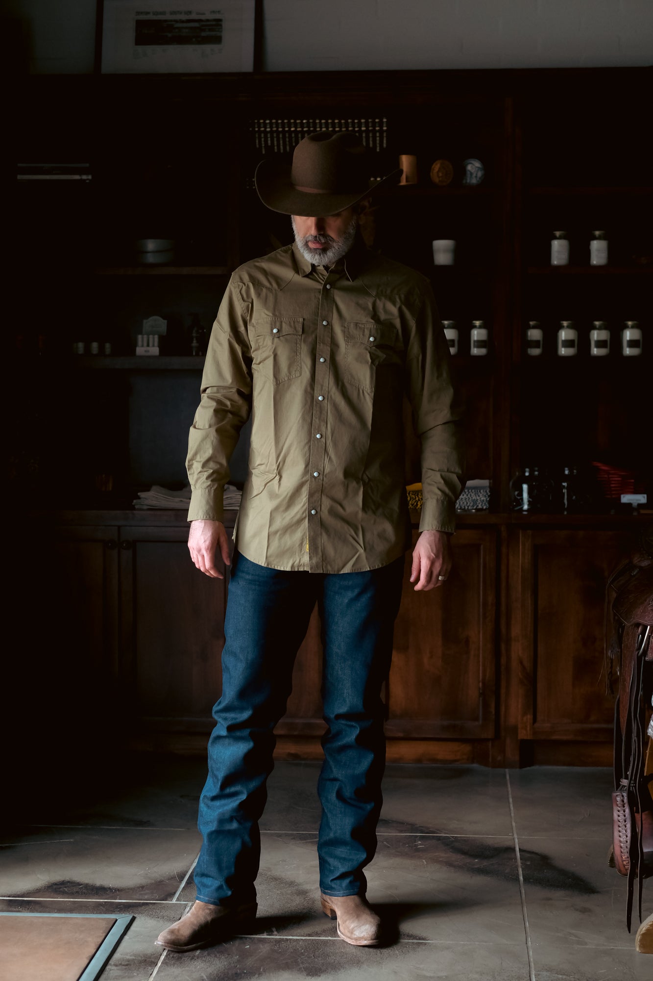 Slub Twill Shirt With Snaps | Olive