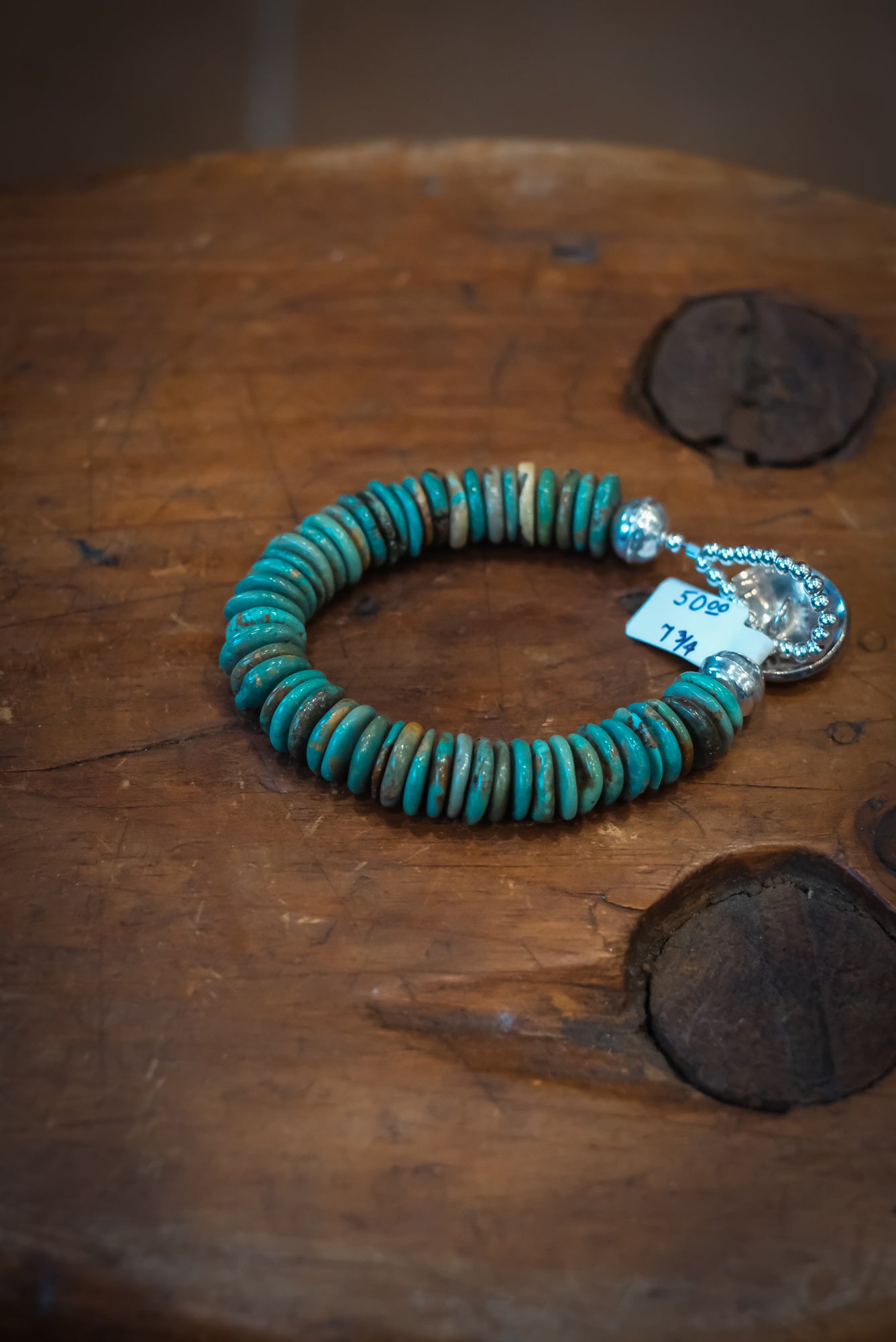 7 3/4" Buffalo Nickel/SS Green Turq Flats Bracelet #2501