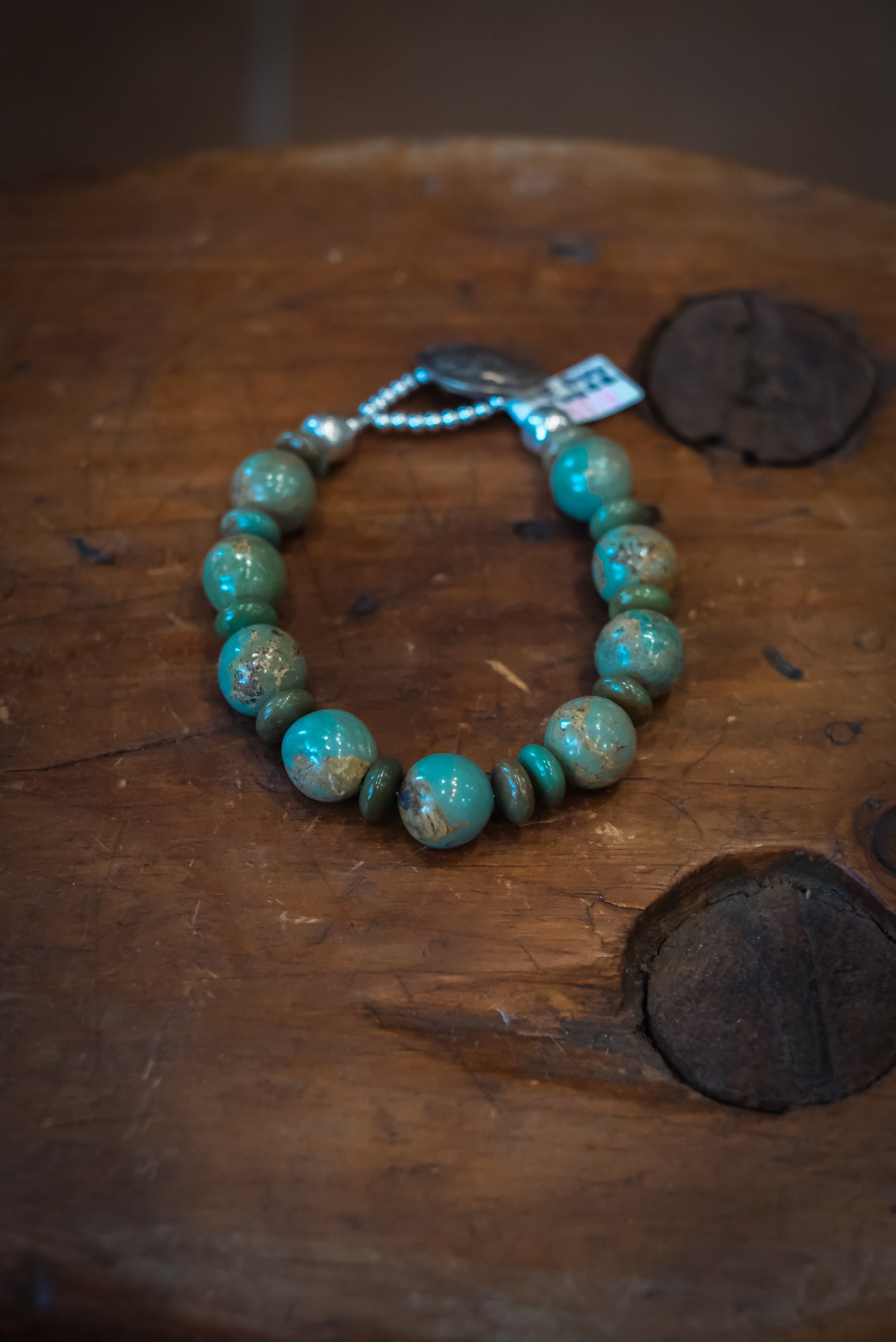 8 3/4" Buffalo Nickel/SS Green Gumball Turq Rondelle Bracelet #2518