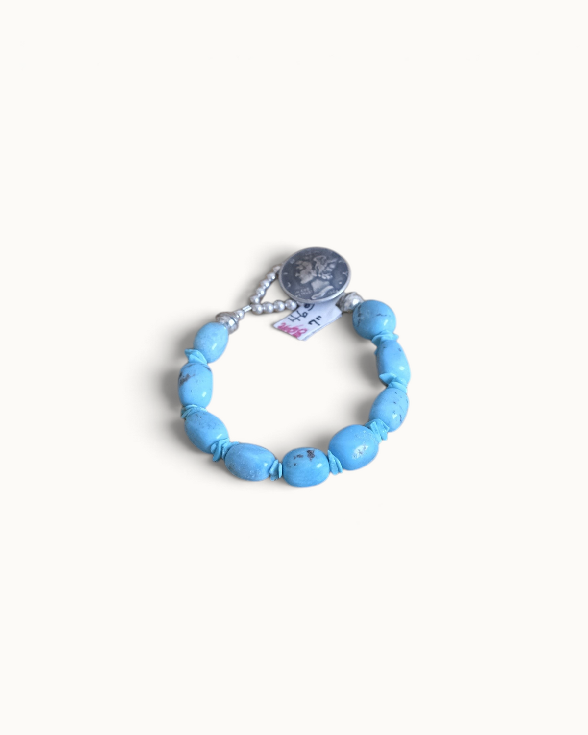 7" SS Nakosari Turq/Sleeping Beauty Turq & Mercury Dime Bracelet #2608 Pat Seeds