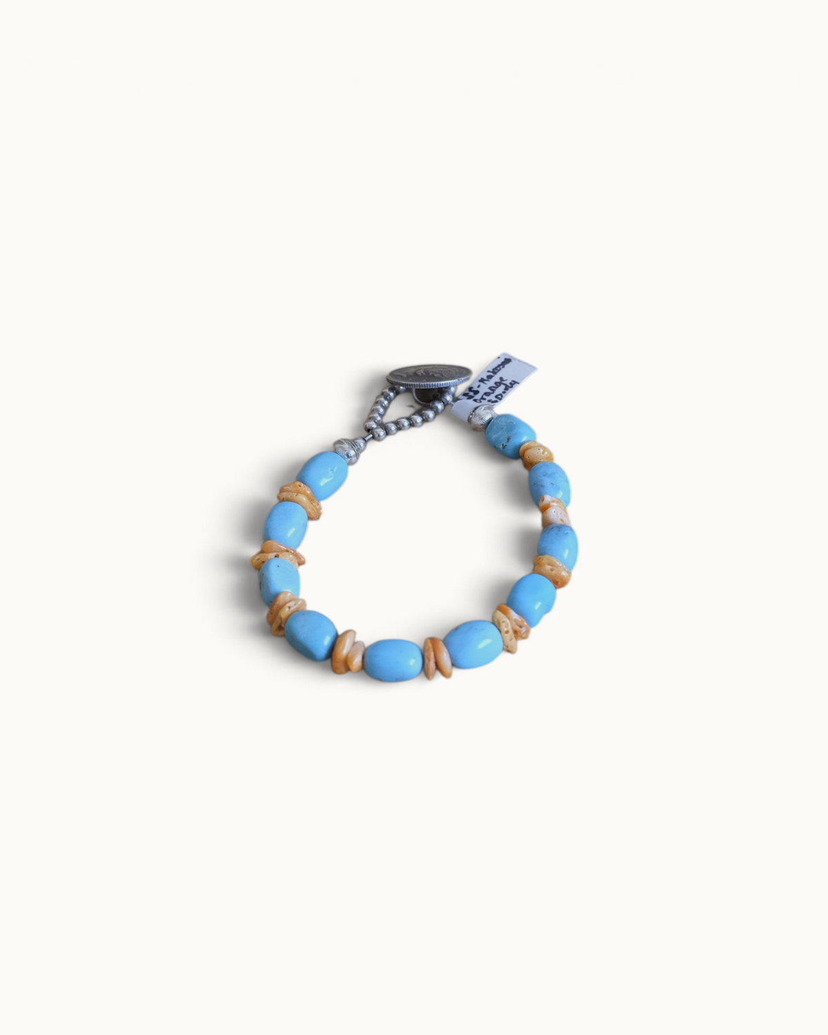 7 7/8" SS Nakosari Turq/Orange Spiny Oyster & Mercury Dime Bracelet #2609 Pat Seeds