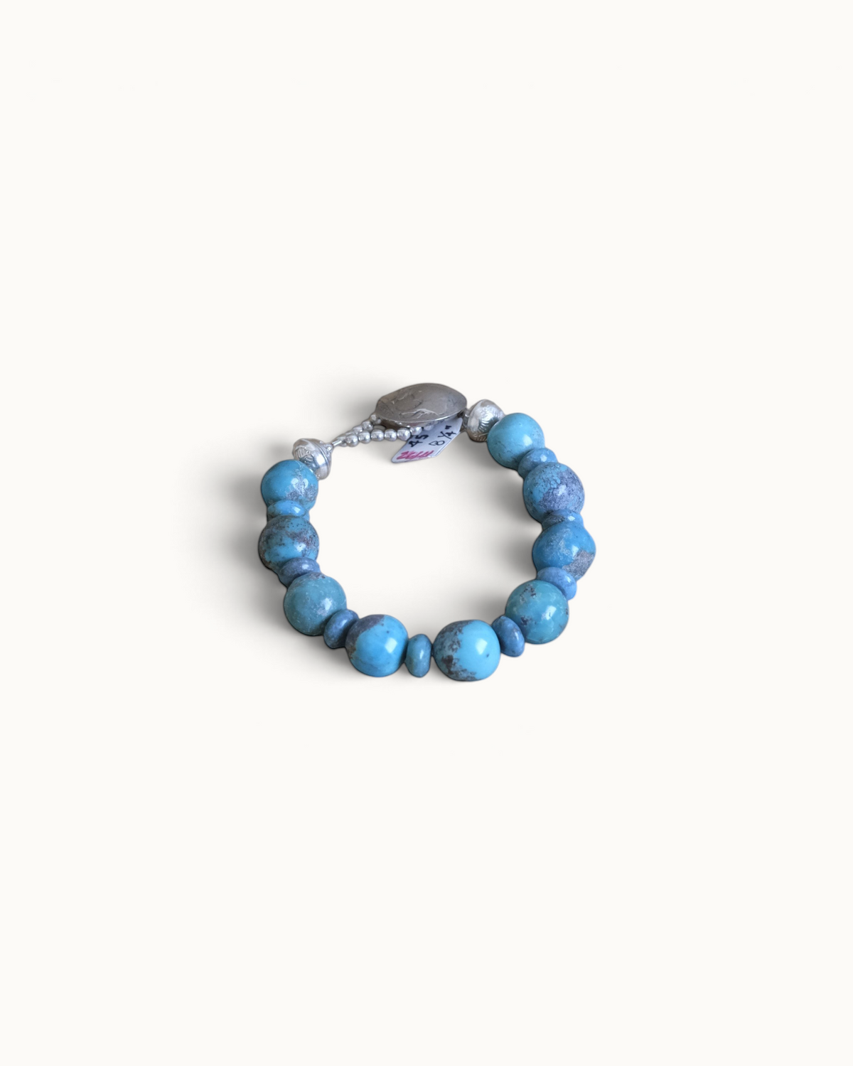 8 1/4" SS Blue Gum Ball Turq/Rondelles & Buffalo Nickel Bracelet #2614 Pat Seeds