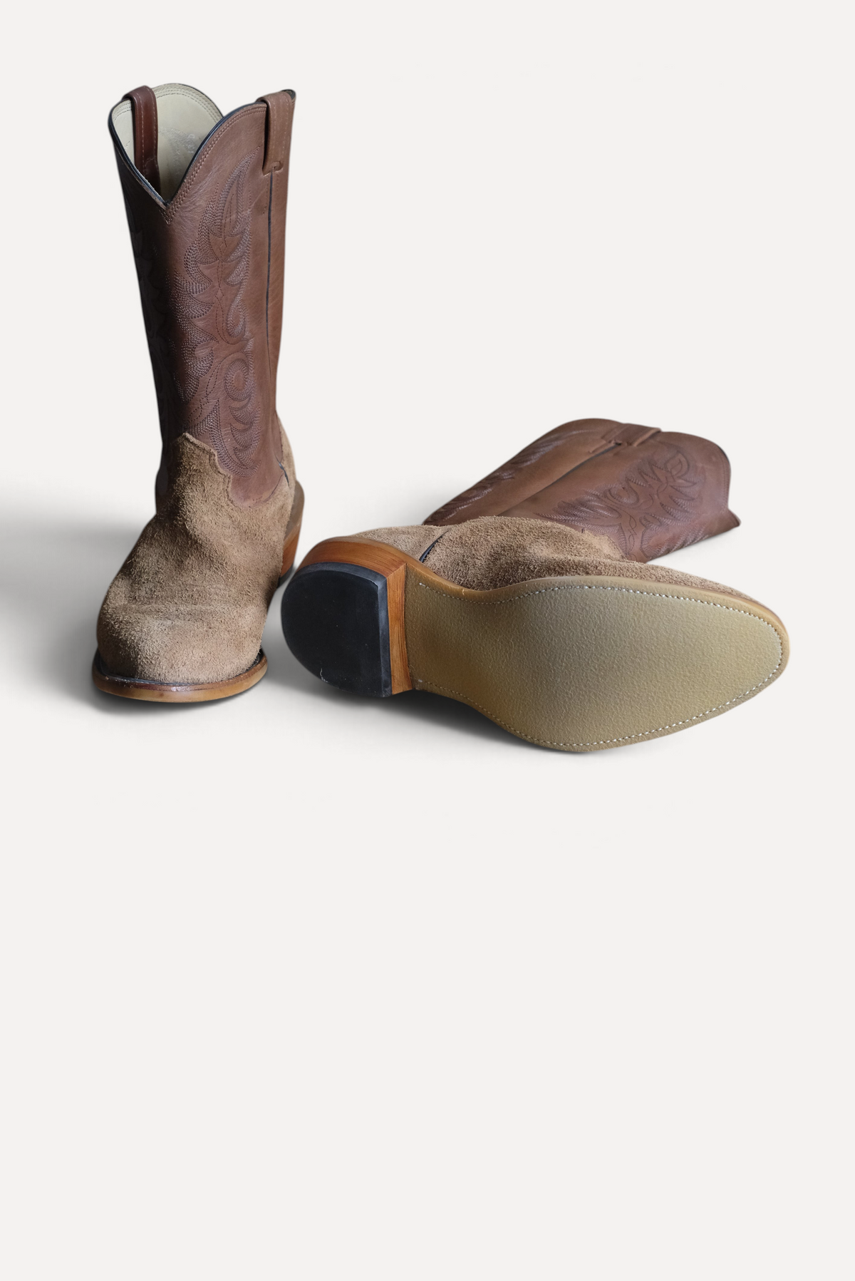 Tan roughout Ranch Hand cowboy boots showing the Ranch Tough sole