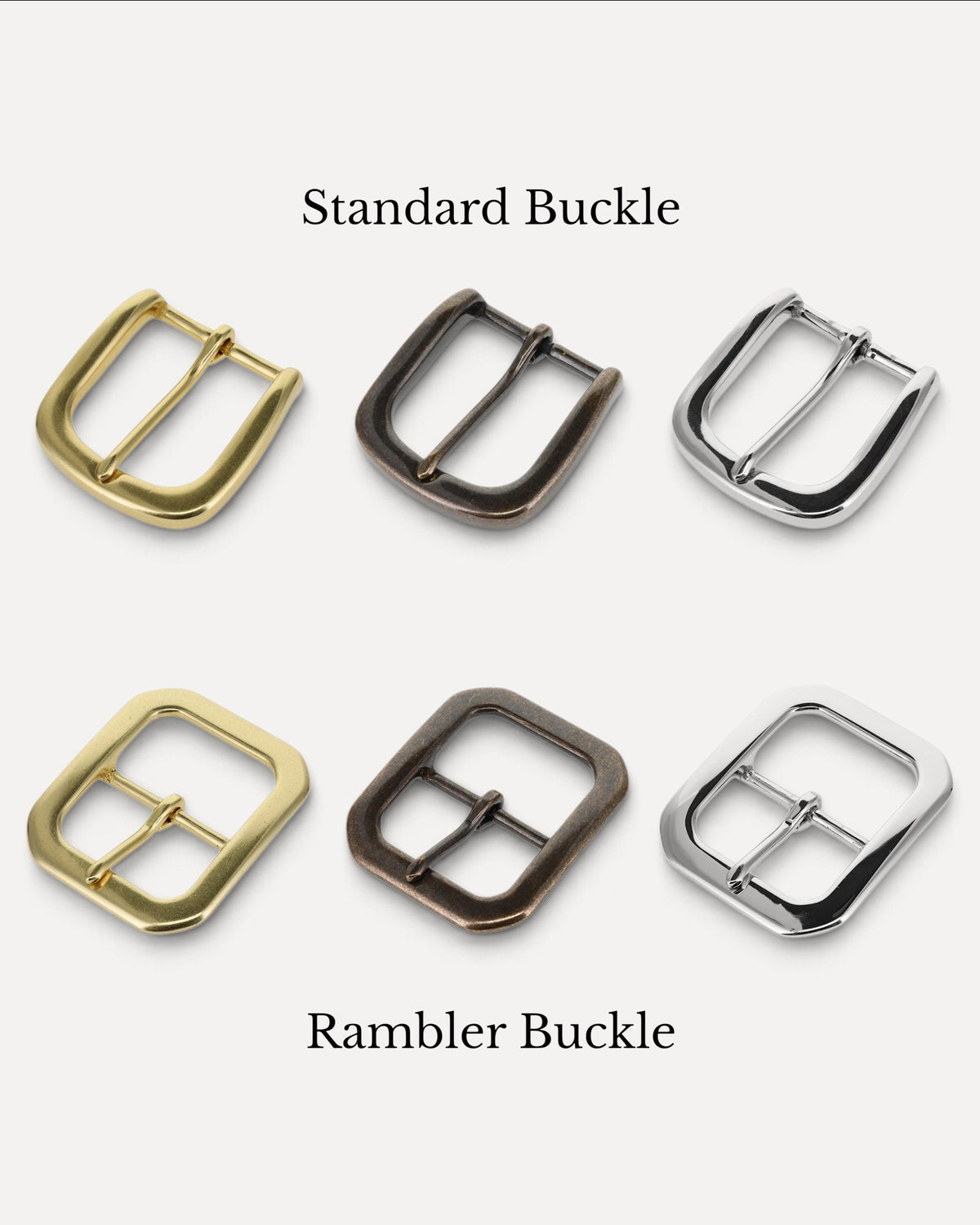 Wilkinson's Fine Goods belt buckle options including standard and rambler styles in brass, bronze, and silver finishes.
