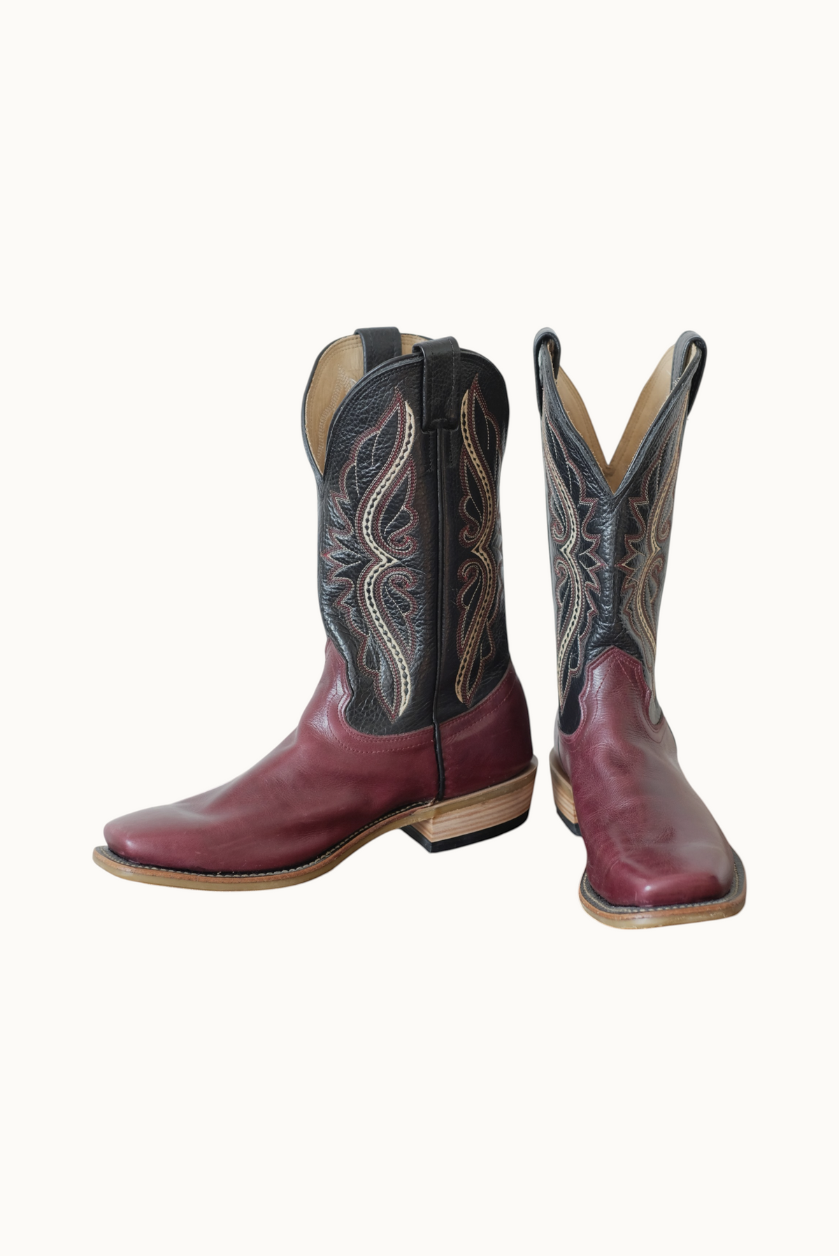 Wilkinson's Fine Goods handmade cowboy boots featuring a cabernet leather vamp and black leather top with embroidery.