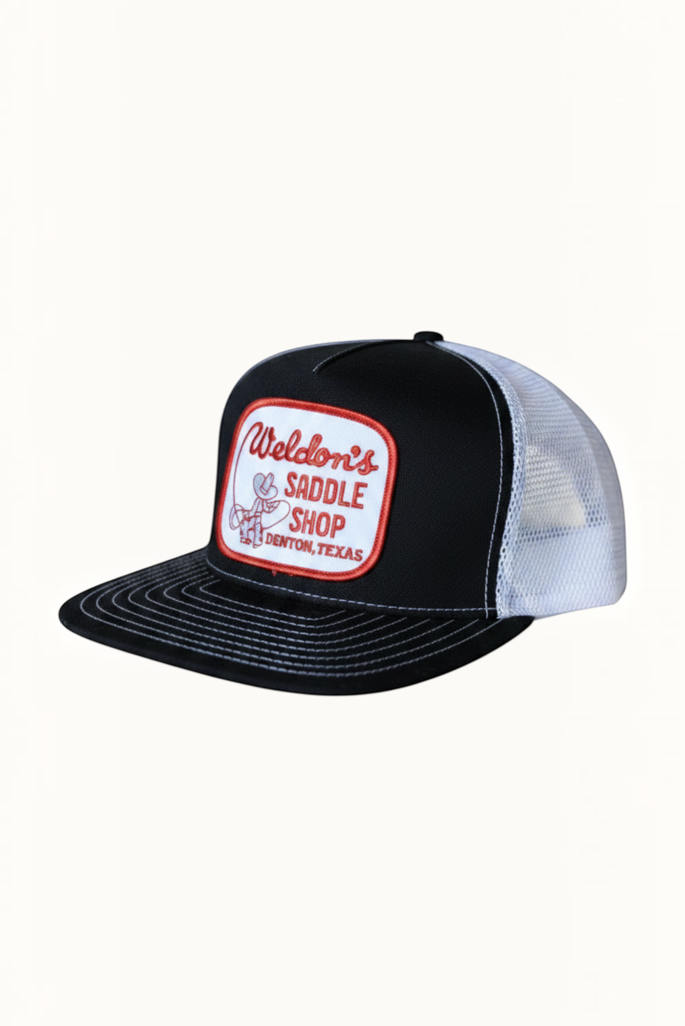 Wilkinson's Fine Goods Weldon's hat featuring 1968 Cone Mills denim front, white mesh back, and vintage patch.