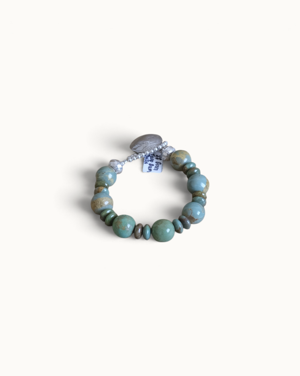 Wilkinson's Fine Goods green gum ball turquoise rondelle bead bracelet with a buffalo nickel charm