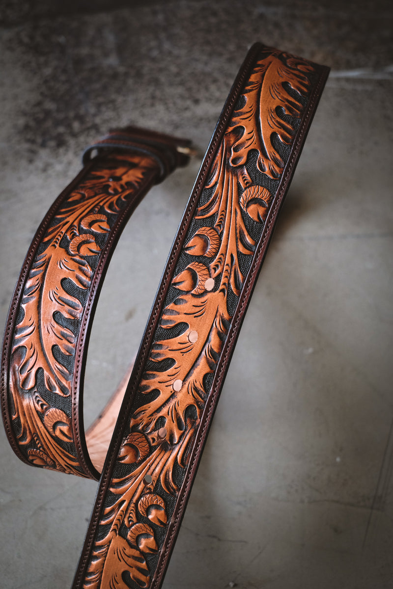 Floral Tooled Leather Belt - TwoTone Brown Leaf Pattern