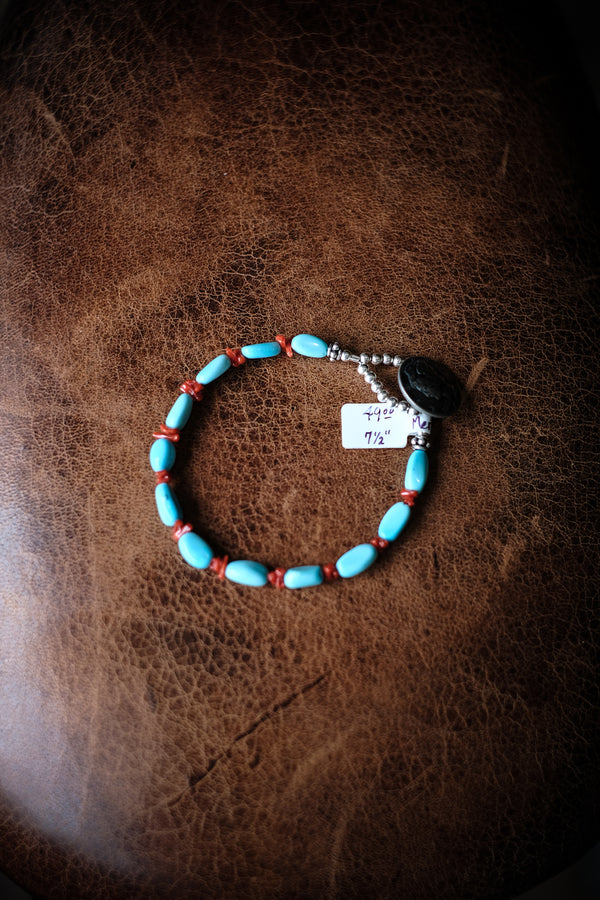 7 3/8" Sleeping Beauty Turquoise, Mediterranean Coral, Sterling Silver Bracelet